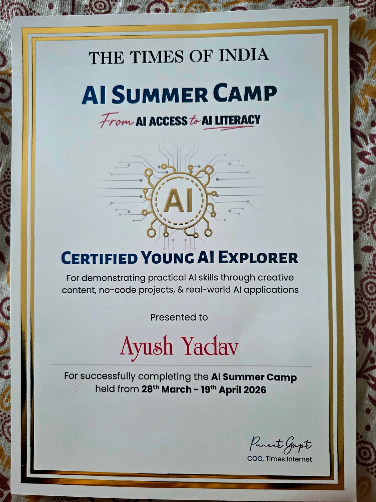 The Times of India AI Summer Camp certificate awarded to Ayush Yadav